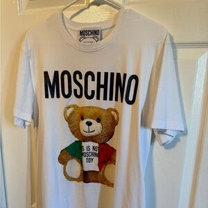 Moschino White Tee with Teddy Bear and Bold Lettering